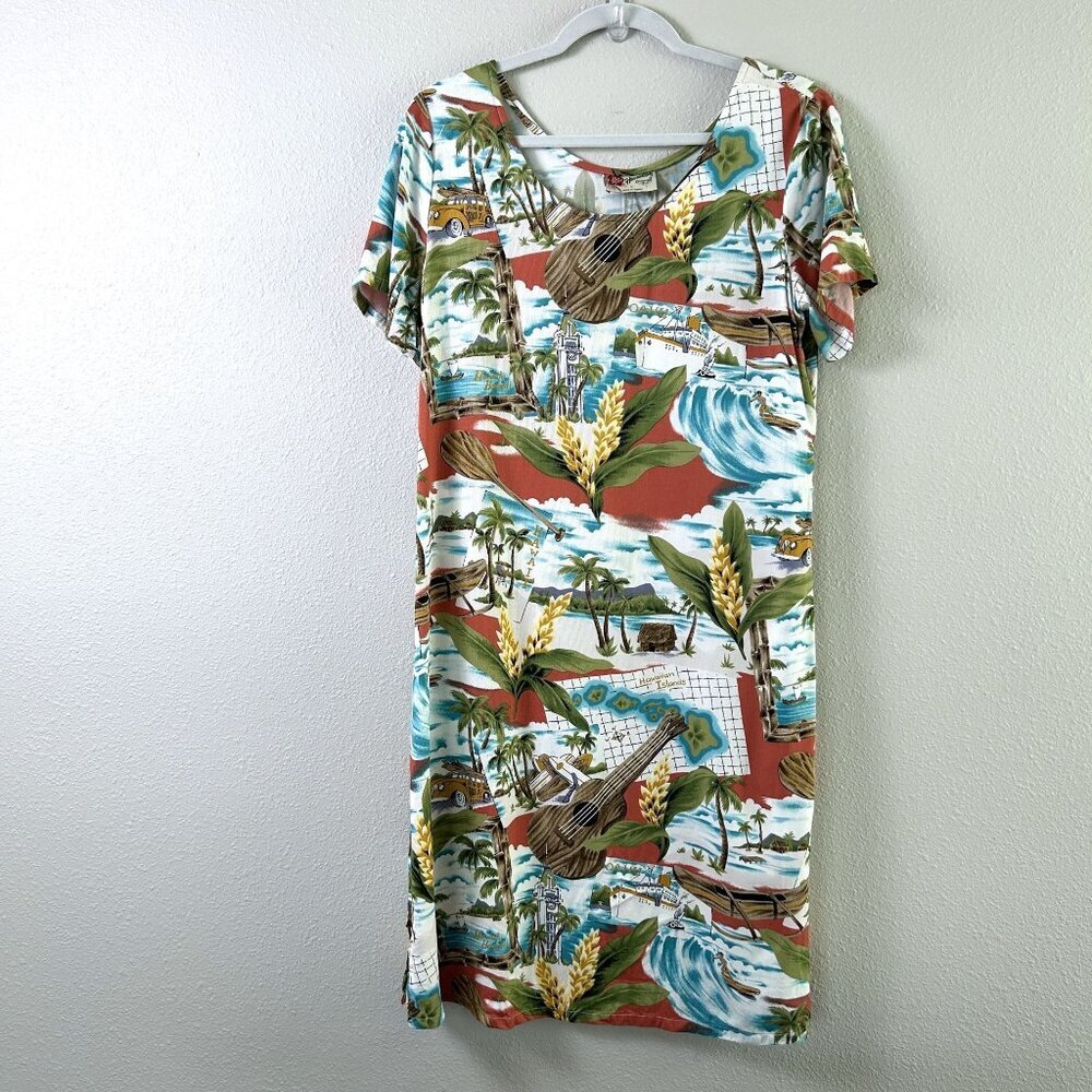 Hilo Hattie Midi Hawaiian Dress Size M Island Palm Boat Ocean Short Sleeve USA